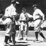 CHICAGO - JULY 6: Babe Ruth (R) of the New York Yankees crosses home plate as teammate Lou Gehrig #4 waits to congratulate him during the first inaugural All-Star game at Comiskey Park on July 6, 1933 in Chicago, Illinois. The American League All-Stars won 4-2. (Photo by National Baseball Hall of Fame Library/MLB Photos via Getty Images)